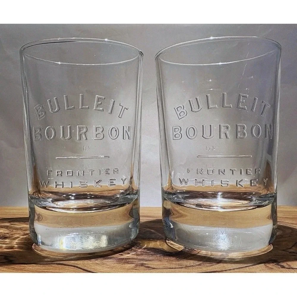 2 Oval BULLEIT BOURBON FRONTIER WHISKEY Glasses Raised Type Design NOS Pair